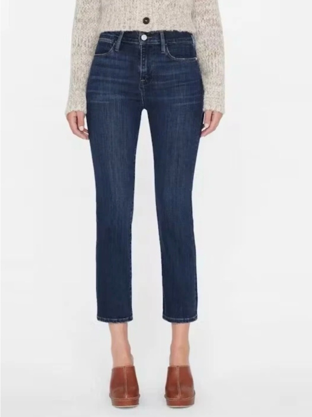 FRAME Le High Straight Jeans Size 23 Dark Wash Raw Hem